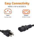 Universal 15 Foot Power Cord For PC Monitor And Printer 3 Prong 18 AWG 125V NEMA 5-15P To IEC320C13 UL Listed Black Cable