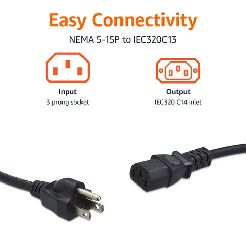 Universal 15 Foot Power Cord For PC Monitor And Printer 3 Prong 18 AWG 125V NEMA 5-15P To IEC320C13 UL Listed Black Cable