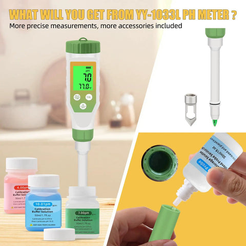 Pro Grade Digital pH Meter For Food And Fermentation, High Accuracy pH Tester With Spear Probe, accessories shown.