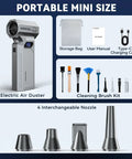 Pro Grade Cordless Air Duster With LED Light And 160,000 RPM Turbo Motor, cleaning brush kit, nozzles, accessories displayed