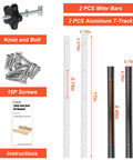Pro Grade Crosscut Sled Kit For Table Saw With 2 Aluminum T Track Rails 2 UHMW Miter Bars Knob Screws Hardware Kit Contents