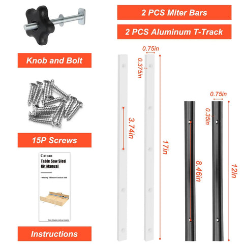 Pro Grade Crosscut Sled Kit For Table Saw With 2 Aluminum T Track Rails 2 UHMW Miter Bars Knob Screws Hardware Kit Contents