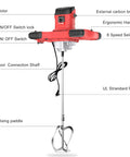 Diagram of Beast 2100W Electric Cement Mixer with labeled parts including motor, ergonomic handle, switch, and mixing paddle.