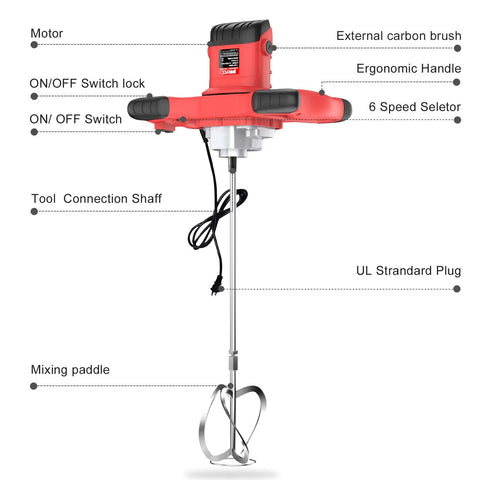 Diagram of Beast 2100W Electric Cement Mixer with labeled parts including motor, ergonomic handle, switch, and mixing paddle.