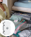 Six Piece Joiner Plates Kit For Closet Support Brackets And Shelf Organizer Grid Connectors with white clamp holding stacked fabric.