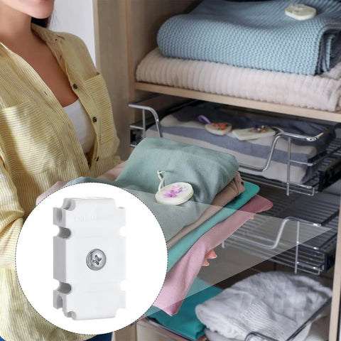 Six Piece Joiner Plates Kit For Closet Support Brackets And Shelf Organizer Grid Connectors with white clamp holding stacked fabric.