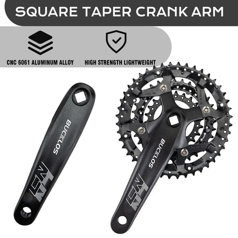 Beefy Square Taper Mountain Bike Crankset 170mm with 22/24/26/32/38/42/44T Chainrings and 104/64 BCD hybrid MTB crank arm in aluminum.