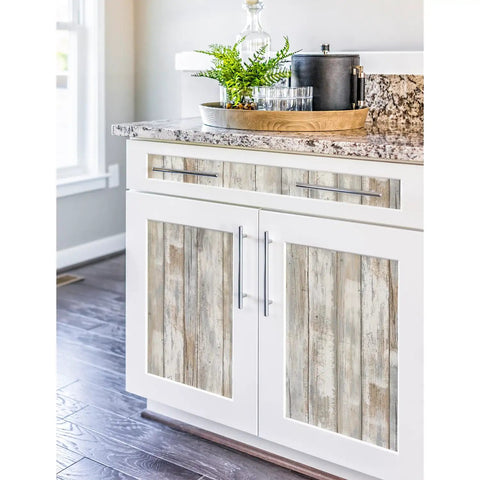 White Distressed Wood Peel And Stick Wallpaper Easy No Mess No Paste Install For Quick DIY Ready Room Makeover on cabinet doors