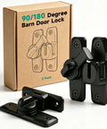 90/180 Degree Barn Door Lock and Latch in black with packaging, zinc-alloy, secure for cabinets and child safety, 2 pack.