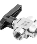 Heavy Duty 304 Stainless Steel 3 Way Ball Valve With Rock Solid Leak Proof BSPP Female Threads And Half Inch Ports For Tough DIY And Professional Plumbing Applications Built Like A Tank, showcasing valve handle and female ports.