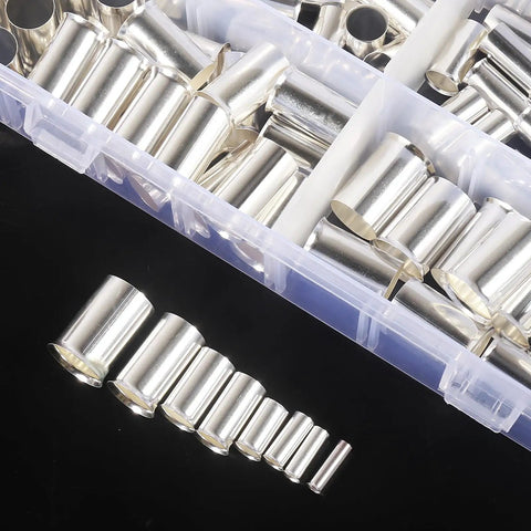 Pro Grade 305 Piece Wire Ferrule Kit with copper silver plated crimp terminals in storage box, showing various ferrule sizes