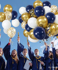 Graduates holding Bold Navy Blue Gold Confetti Balloons Set 50 Pack 12 Inch Latex Balloons With Ribbon In Navy White Metallic Gold
