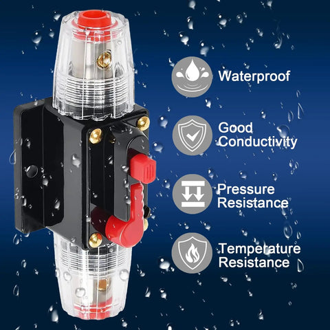 Heavy Duty 100 Amp Manual Reset Circuit Breaker For 12V To 48V DC Systems with waterproof design and reset lever.