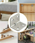 Heavy Duty L Shaped Shelf Brackets With Screws, Rust Proof Corner Braces, Solid Angle Iron Mounts For Cabinets Tables, Smooth Burr Free Edge, No Sweat Assembly For Your Garage Or Workshop, 100 Pack close-up with shelves, furniture, and mounts.