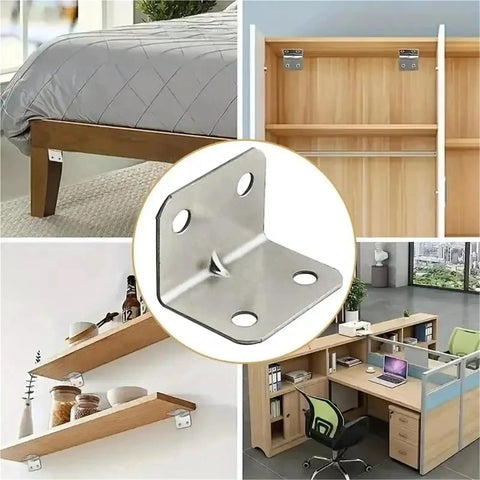 Heavy Duty L Shaped Shelf Brackets With Screws, Rust Proof Corner Braces, Solid Angle Iron Mounts For Cabinets Tables, Smooth Burr Free Edge, No Sweat Assembly For Your Garage Or Workshop, 100 Pack close-up with shelves, furniture, and mounts.