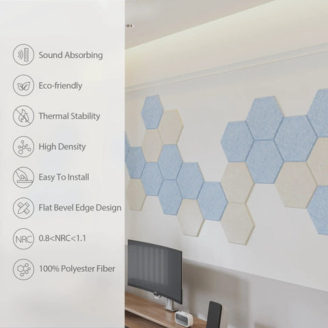 12 Pack Hexagon Acoustic Panels Self Adhesive Sound Proof Foam Beige on wall with blue and beige colors finishing soundproofing.
