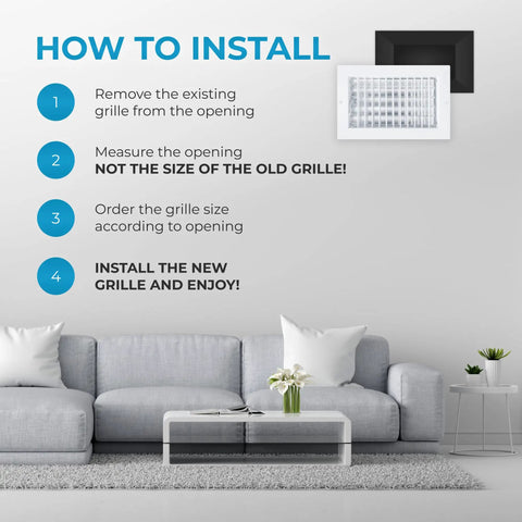 Installation steps for Vent Deflector For 10 By 6 Inch Duct Opening White Wall Grille shown above a grey couch in living room.