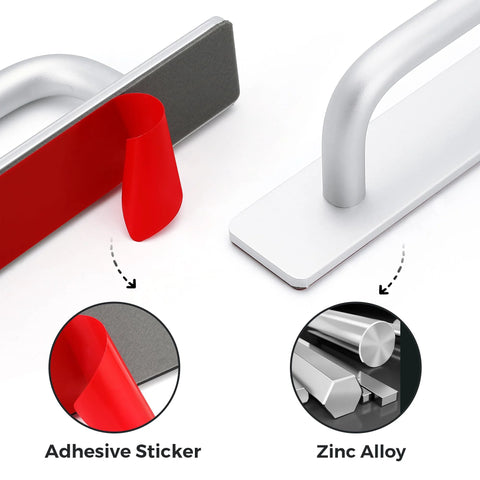 Close-up of Two Pack 5.83 Inch Adhesive Cabinet Handles with peel and stick adhesive and zinc alloy construction in silver finish.