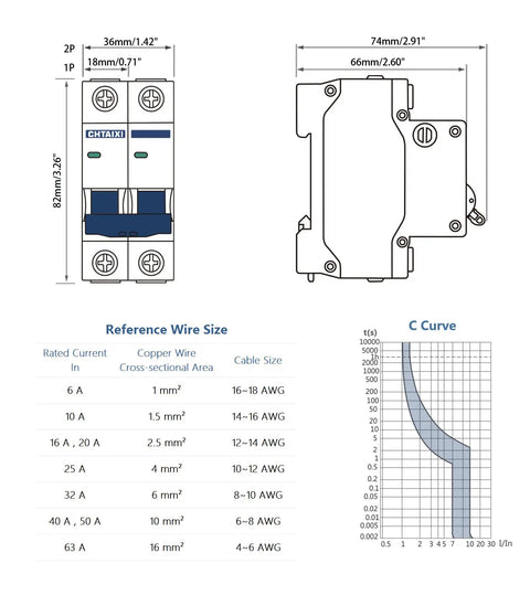 Dc Miniature Circuit Breaker 2 Pole 600V 20 Amp Isolator for Solar PV System dimensions and wire size guide