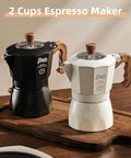 Stovetop Espresso Maker With Double Valve Tech Italian Moka Pot Brewed Fresh On Gas Or Electric Stove Top Shelf Coffee Brewer Set Includes Two Heavy Duty Mugs, featuring black and white designs on wooden tray.