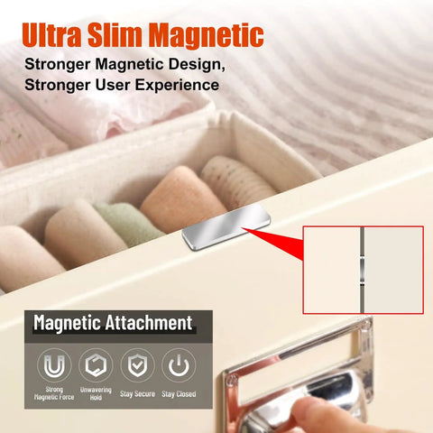 8 Pack Ultra Thin Magnetic Cabinet Door Catches With Adhesive Mount, Stainless Steel Drawer Magnets shown in use on drawer front