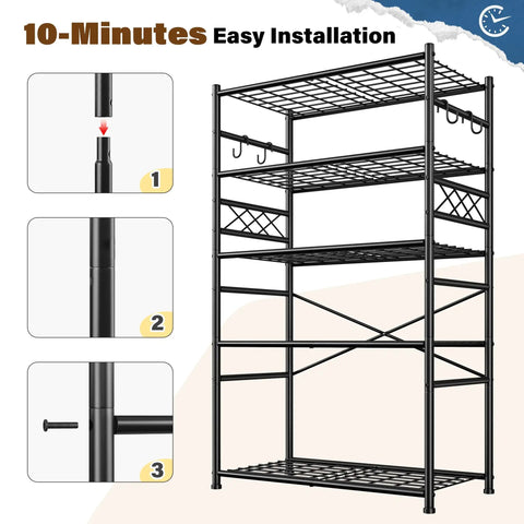 Heavy Duty 5 Tier Metal Shelving Rack With 1000Lbs Capacity 72In High 36In Wide 12In Deep 4 Side Hooks Black Ultra Versatile Garage Kitchen Bath Storage Organizer For Max Vertical And Corner Space, black steel rack assembly