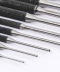 Close-up of Roll Pin Punch Set With Storage Pouch, 9 Piece Steel Removal Tool Kit, showing detailed knurled handles and punch sizes.