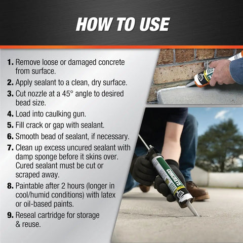 Instructions on using Concrete Watertight Filler And Sealant 10.1 Ounce Gray Pack Of 2, with a person applying sealant to a crack.