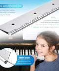 Heavy Duty 36 Inch Stainless Steel Piano Hinge 3 Inch Wide Continuous Hinge 2 Pack 0.06 Thick for Cabinets Doors Toolboxes, shown on a piano.