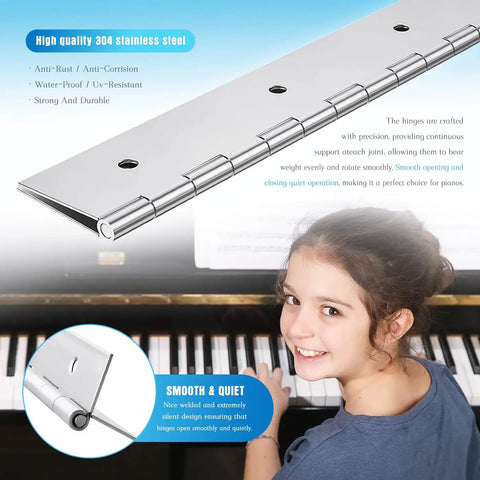 Heavy Duty 36 Inch Stainless Steel Piano Hinge 3 Inch Wide Continuous Hinge 2 Pack 0.06 Thick for Cabinets Doors Toolboxes, shown on a piano.