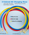 Three Piece 5 Foot AC Manifold Gauge Hose Kit For R404A R12 R502 Refrigerants, blue red yellow hoses with 1/4 SAE ports
