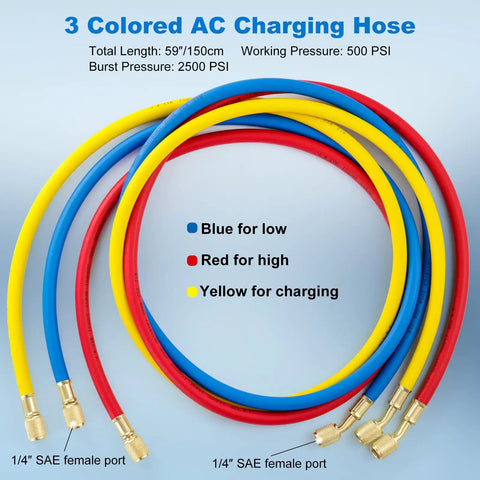 Three Piece 5 Foot AC Manifold Gauge Hose Kit For R404A R12 R502 Refrigerants, blue red yellow hoses with 1/4 SAE ports