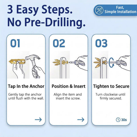 Heavy Duty 81 Piece Drywall Anchors And Screws Kit With Drill Bit Easy Install No Drill Steel Expansion Anchors For Sheetrock Holds Up To 100 Lbs Three Sizes For Hanging TVs Mirrors Picture Frames And More, 3-step install guide