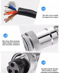 Close-up of GX16 3 Pin Aviation Connector Cable showing wire cores, zinc alloy housing, and insulated black ebonite details.