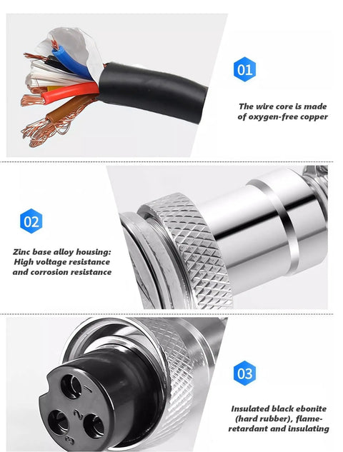 Close-up of GX16 3 Pin Aviation Connector Cable showing wire cores, zinc alloy housing, and insulated black ebonite details.