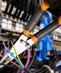 Heavy Duty Wire Stripper And Diagonal Cutting Pliers Real Workhorse dual head design gripping colorful wires for precision cutting.