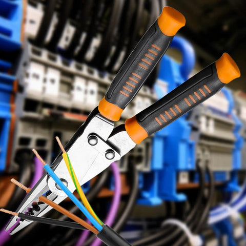 Heavy Duty Wire Stripper And Diagonal Cutting Pliers Real Workhorse dual head design gripping colorful wires for precision cutting.