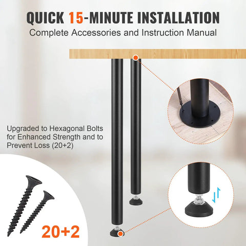 28 Inch Adjustable Desk Legs Heavy Duty Steel Table Support Set Of 4 with installation guide and accessories shown.