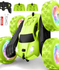Rad Stunt RC Car With Two Point Four GHz Remote 360 Degree Flips Double Sided Crawler USB C Modular Battery, green RC car set.