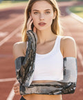 Stay Fly In The Heat Cooling Arm Sleeves For Sun Ray Blocking And Summer Workouts, stretchy ice silk, worn on a track.