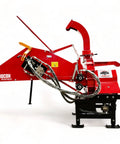 8 Inch PTO Wood Chipper With Hydraulic Infeed Red Heavy Duty Yard Debris Chipping Machine side view on white background