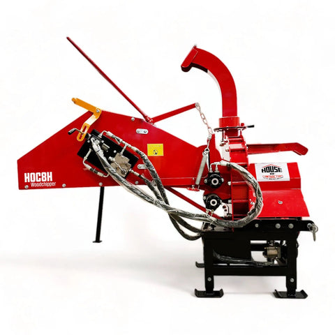 8 Inch PTO Wood Chipper With Hydraulic Infeed Red Heavy Duty Yard Debris Chipping Machine side view on white background