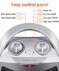 Control panel of Compact Ceramic Space Heater 1500W 750W with easy-to-use dials for fan, low and high heat settings, silver