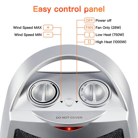 Control panel of Compact Ceramic Space Heater 1500W 750W with easy-to-use dials for fan, low and high heat settings, silver