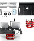 Heavy Duty Router Lift With Reinforced Top Plate Aluminum Alloy And Steel Manual Raise System Slick Height Adjustments For Table Insert Woodshop Builds Black components laid out