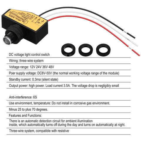 DC Photoelectric Switch Dusk To Dawn Sensor for Outdoor Lighting 8V to 50V Wide Voltage Range 5A Load with Auto Illumination Detection