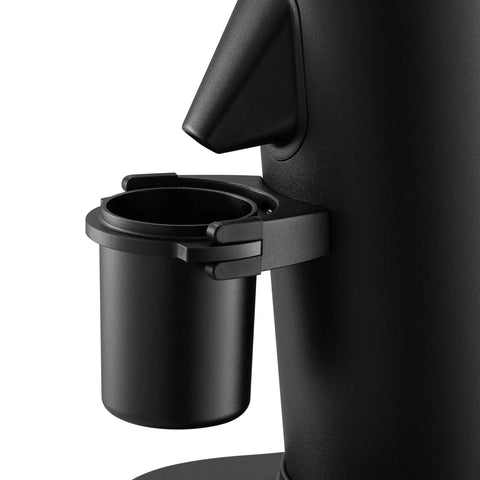 Dope Single Dose Electric Coffee Grinder Featuring 64Mm Titanium Flat Burrs And Stepless Adjustment To Nail Your Flavor Packed Espresso Routine In Sleek Black Finish close-up of the grind container.