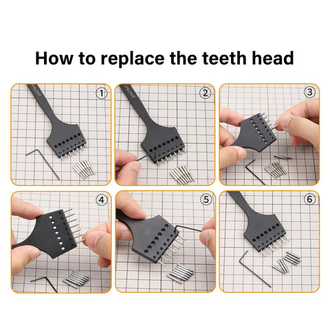 Step-by-step guide for replacing teeth in Leather Stitching Punch Set With Removable Hole Heads For DIY Leather Craft And Saddle Work.