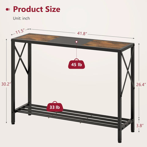 Product size details of Smooth Vibes Two Tier Industrial Console Table With Open Storage Shelves For Tight Hallways.