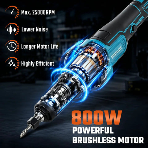 Close-up view of the Heavy Duty Cordless Die Grinder With Two 21V Batteries Badass Powerhouse showcasing 800W brushless motor design.